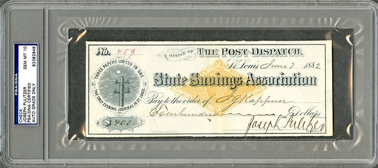 1882 Joseph Pulitzer Signed and Encapsulated Check (PSA Gem Mint 10)